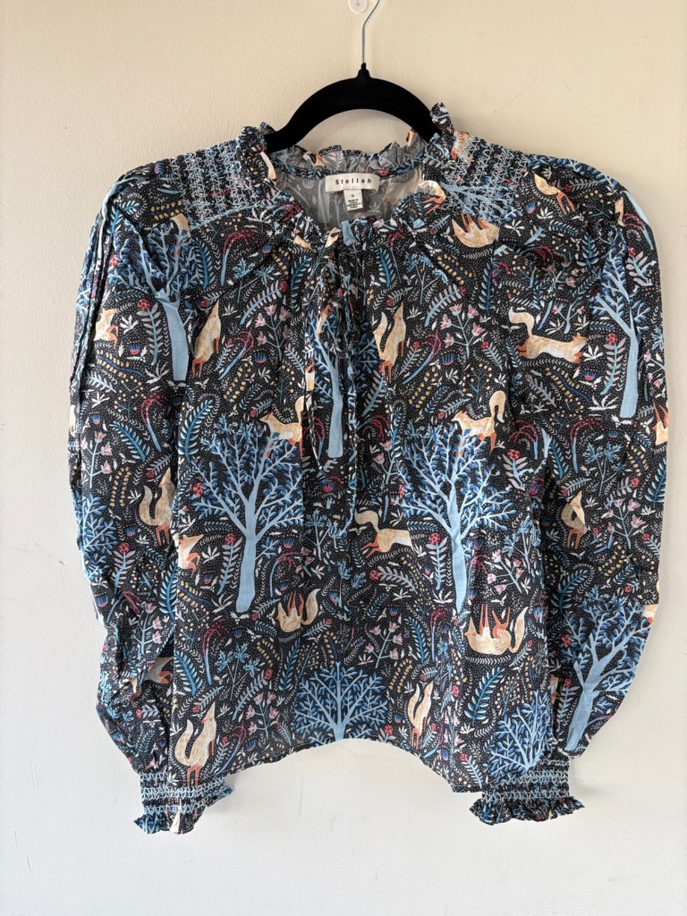 Stellah Black Woodland Tie-Neck Blouse with Blue Trees
